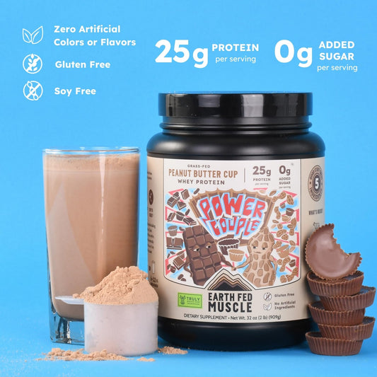 Earth Fed Muscle Power Couple tub front label highlights grass-fed, hormone-free protein.