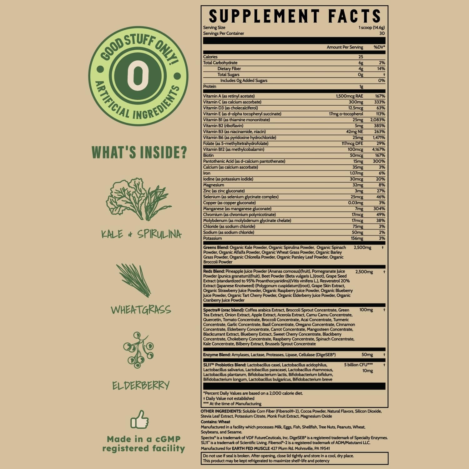 Earth Fed Muscle prebiotic fiber close-up for gut support.