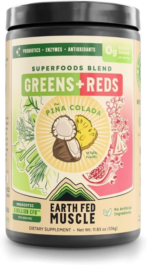 Earth Fed Muscle Reds & Greens powder in a jar with vibrant greens and reds.
