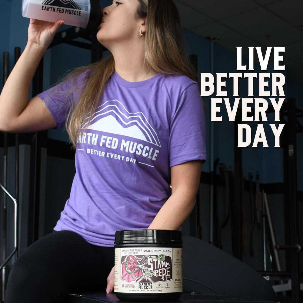 Energy and focus from Earth Fed Muscle Stammpede dragon fruit punch during gym