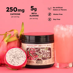 Label close-up of Earth Fed Muscle Stammpede dragon fruit punch highlighting natural ingredients