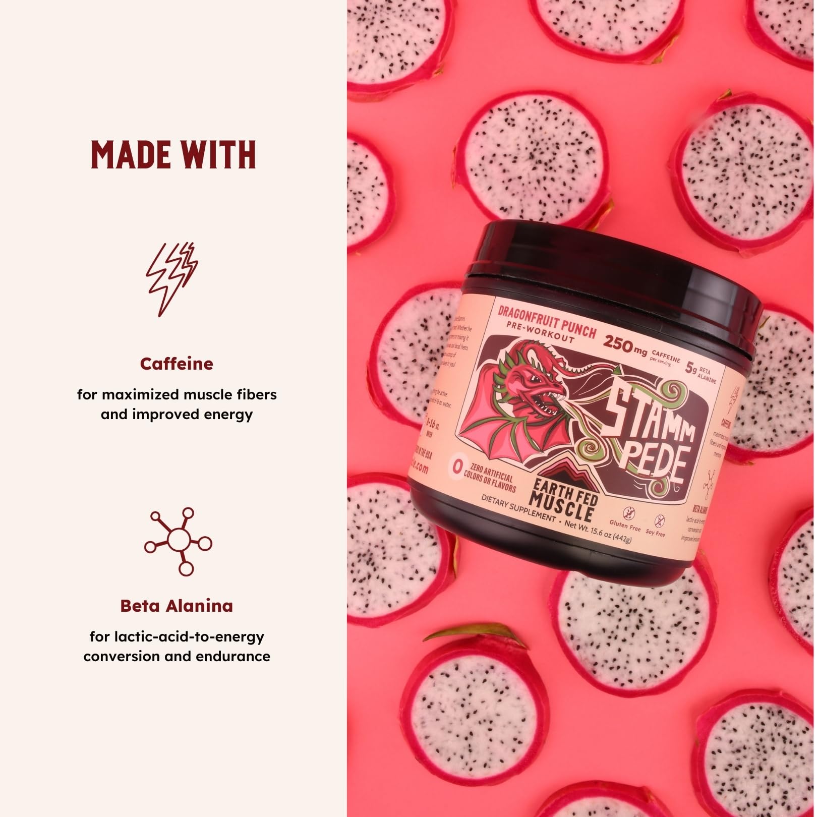 Dragon fruit punch powder from Earth Fed Muscle Stammpede for smooth mixing