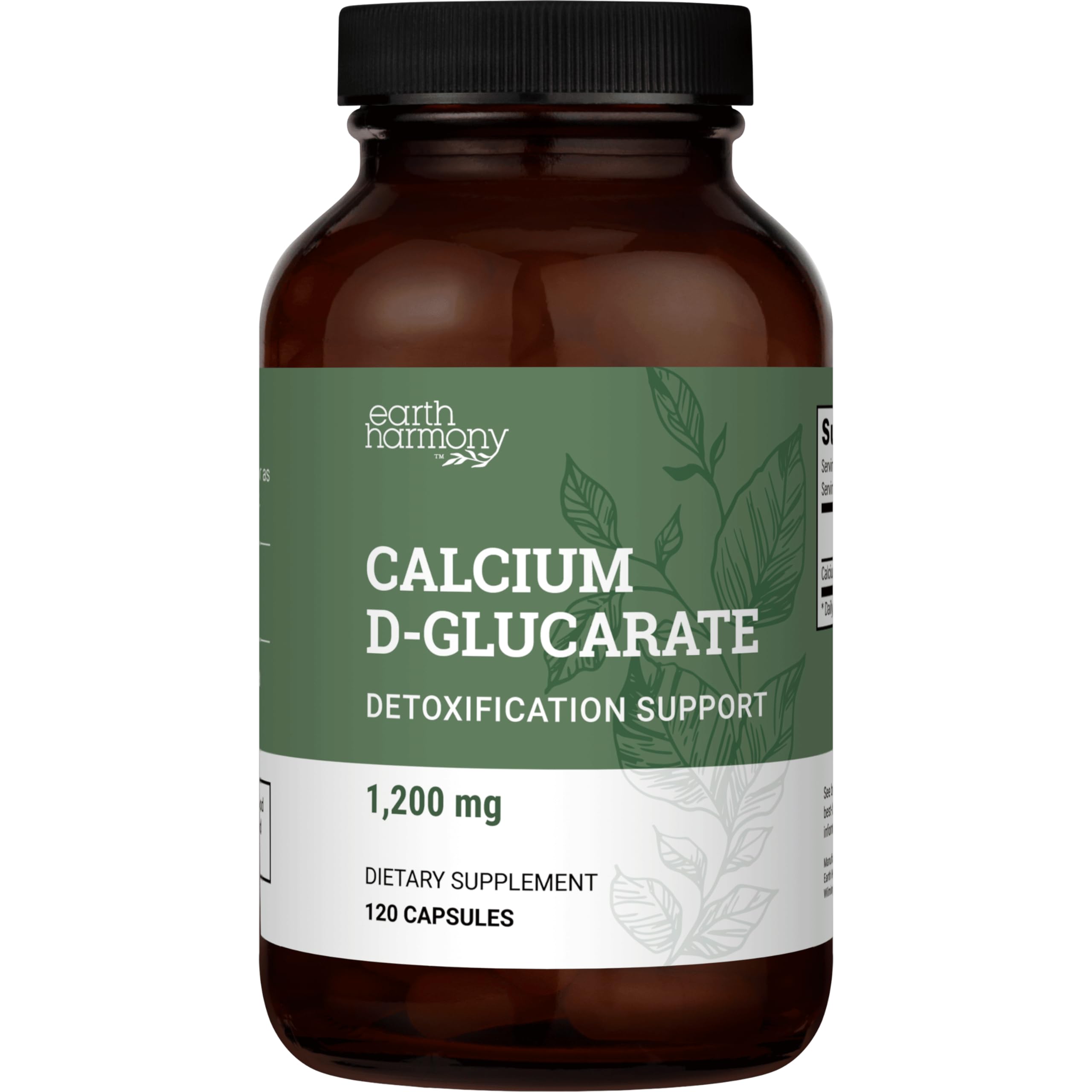 Earth Harmony Calcium D-Glucarate 1200mg bottle on a counter, signaling detox support.