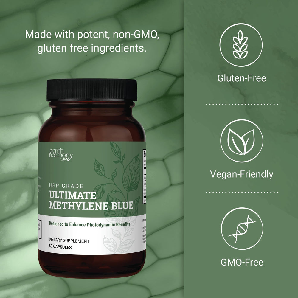 Earth Harmony Naturals Methylene Blue capsules close-up ready for daily dosing