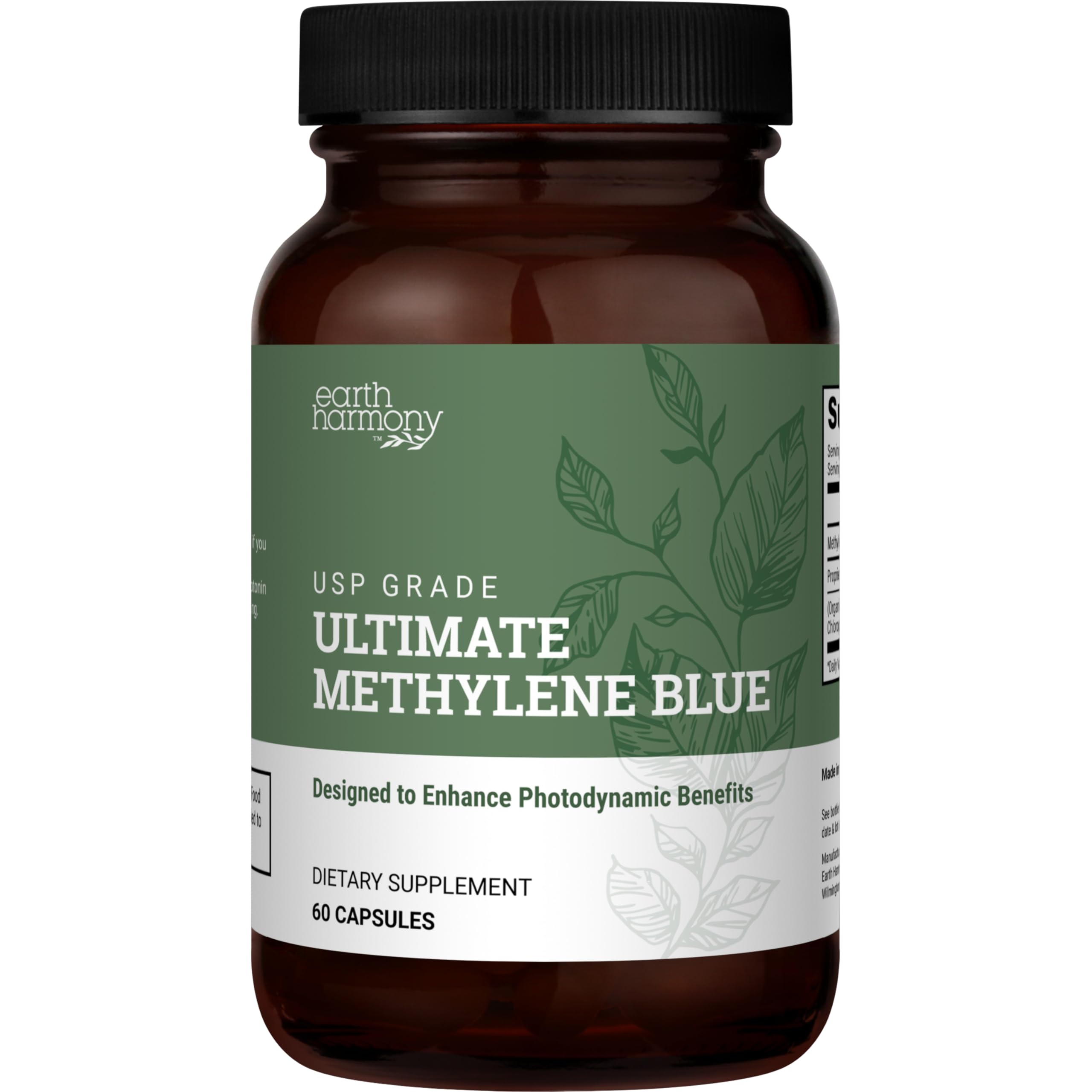 Earth Harmony Naturals Methylene Blue capsules packaging illustrating USP-grade supplement for daily use