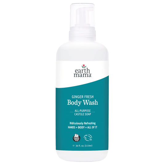Earth Mama Ginger Fresh Hand and Body Wash pump bottle shown for family-friendly foaming soap.