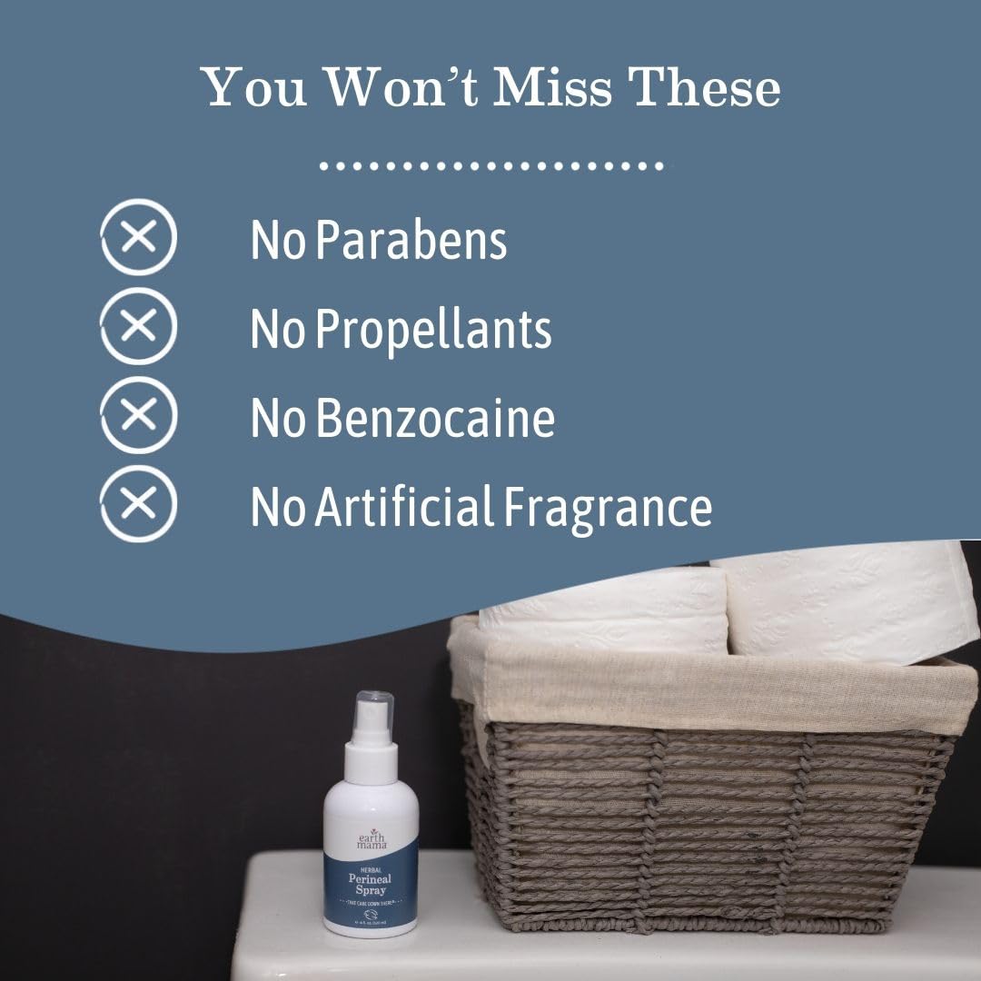 Earth Mama Perineal Spray ingredients highlight organic witch hazel and cucumber cooling.