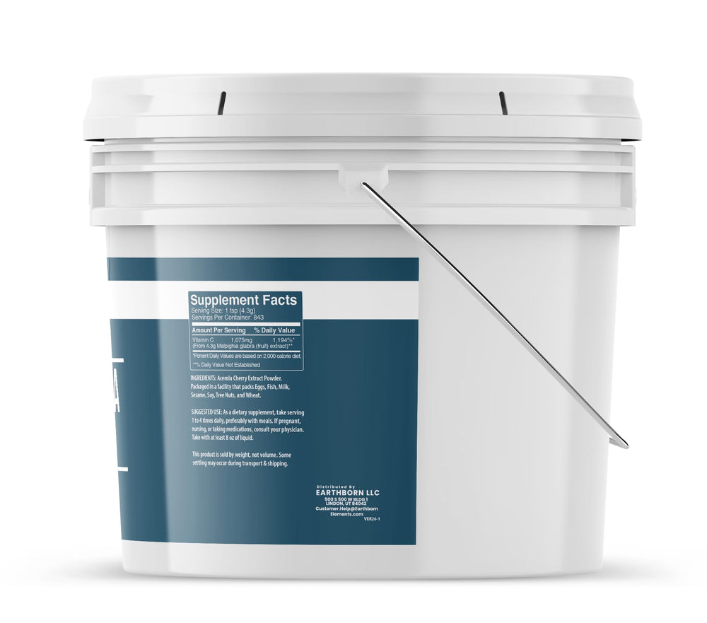 Earthborn Elements Acerola Powder label closeup, showcasing pure, undiluted formula