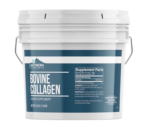Earthborn Elements bovine collagen bucket with resealable lid for convenient daily use.