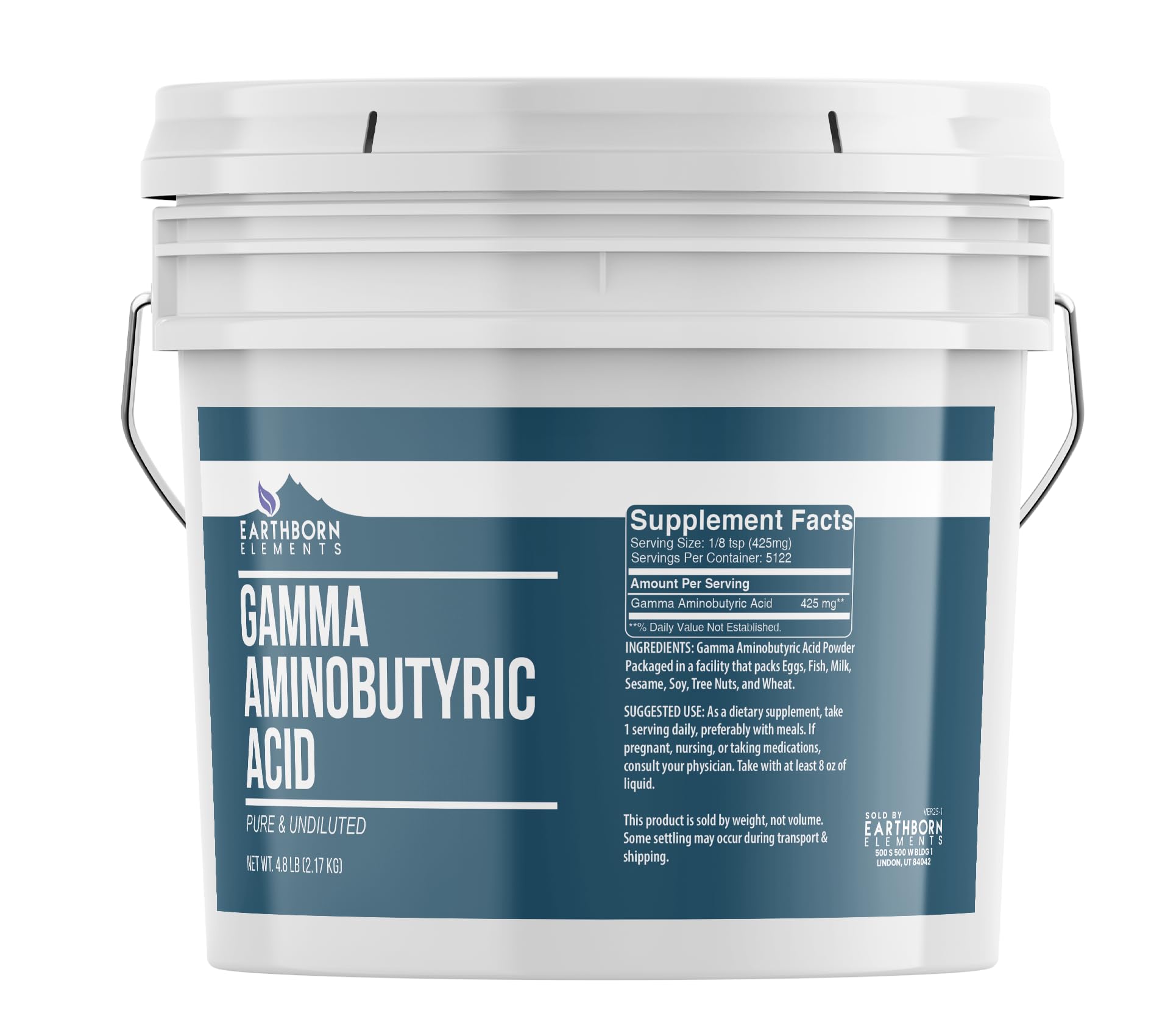 Earthborn Elements GABA bucket shows a pure, undiluted supplement for daily use.