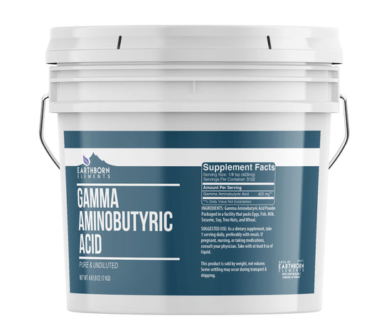 Earthborn Elements GABA bucket shows a pure, undiluted supplement for daily use.