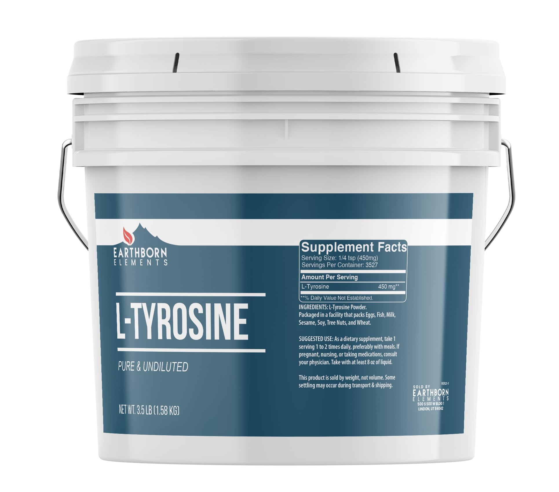 Earthborn Elements L-Tyrosine powder bucket front view for easy daily use with potential focus support.