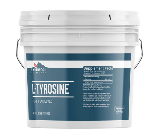 Earthborn Elements L-Tyrosine powder bucket front view for easy daily use with potential focus support.