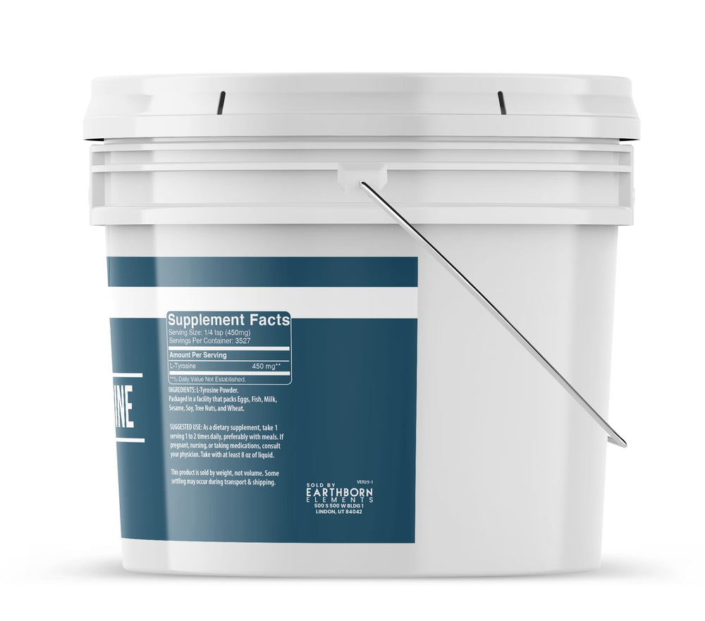 Earthborn Elements L-Tyrosine powder bucket pour view, easy scooping for convenient dosing.
