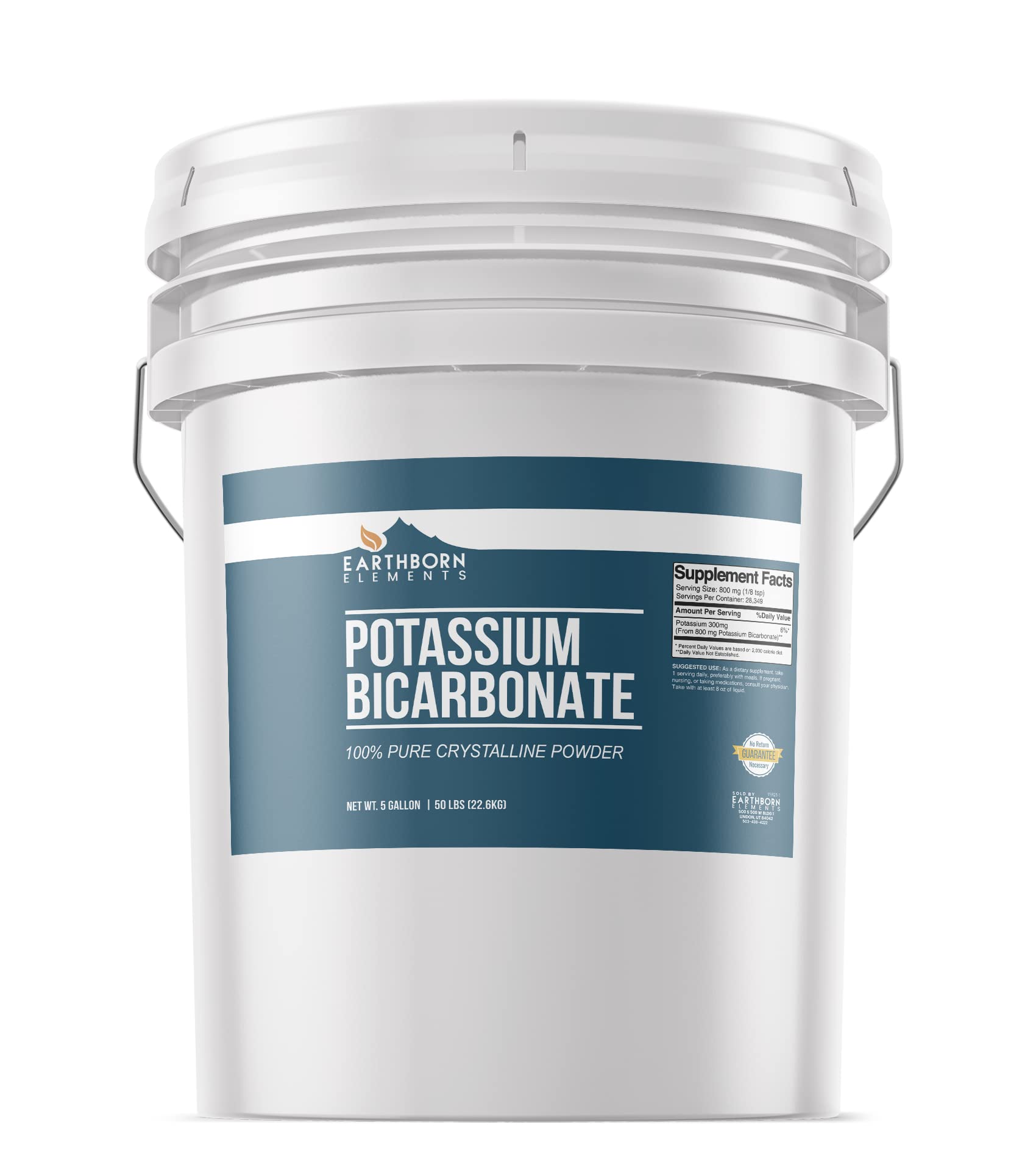 Earthborn Elements Potassium Bicarbonate bucket demonstrates resealable packaging for easy storage.