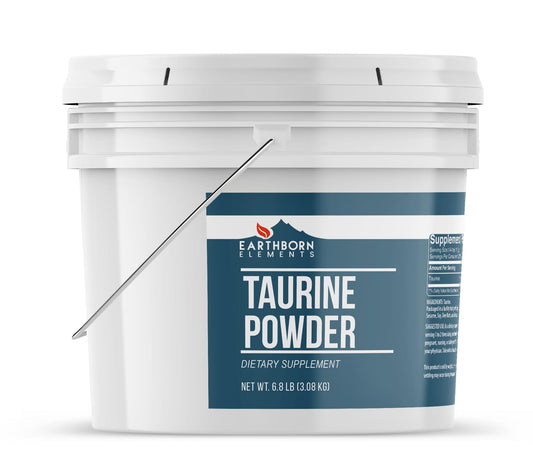 Earthborn Elements Taurine Powder label close-up showing USA packaging and purity.