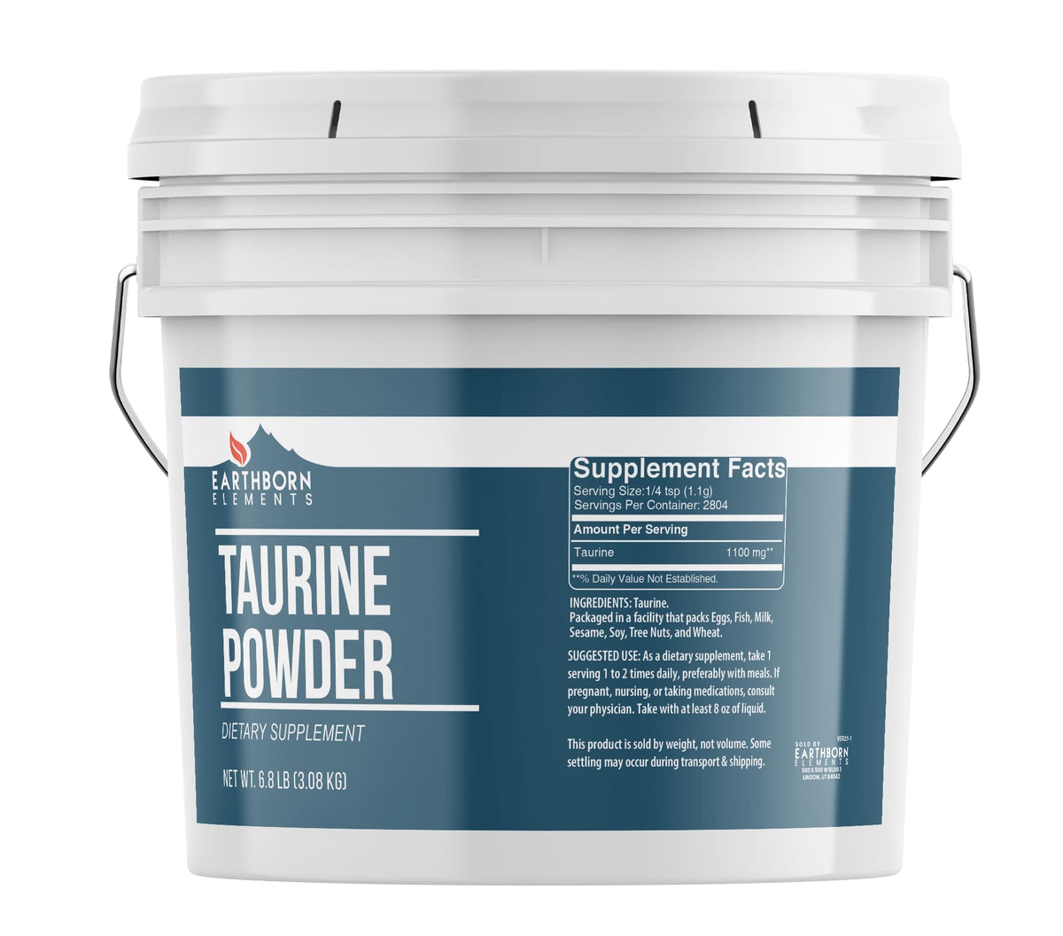 Earthborn Elements Taurine Powder bucket top view highlights pure, additive-free packaging.