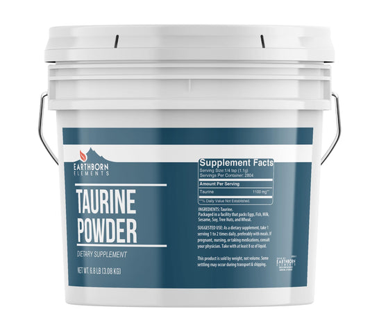 Earthborn Elements Taurine Powder bucket top view highlights pure, additive-free packaging.