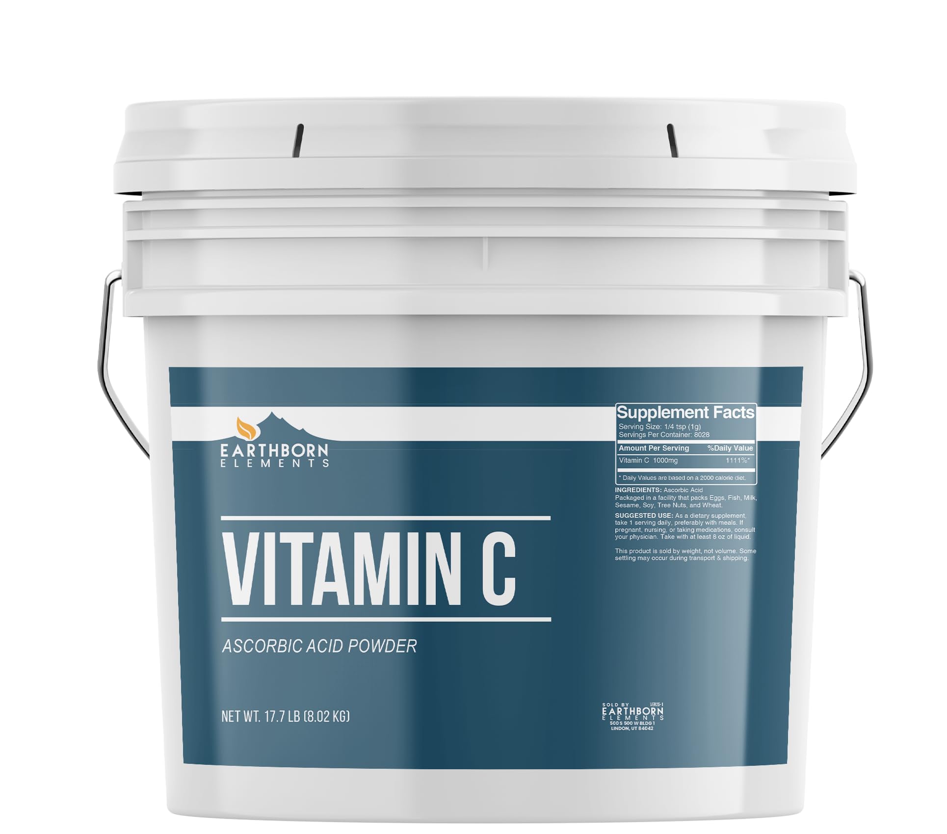 Earthborn Elements Vitamin C powder in a resealable bucket for easy storage.