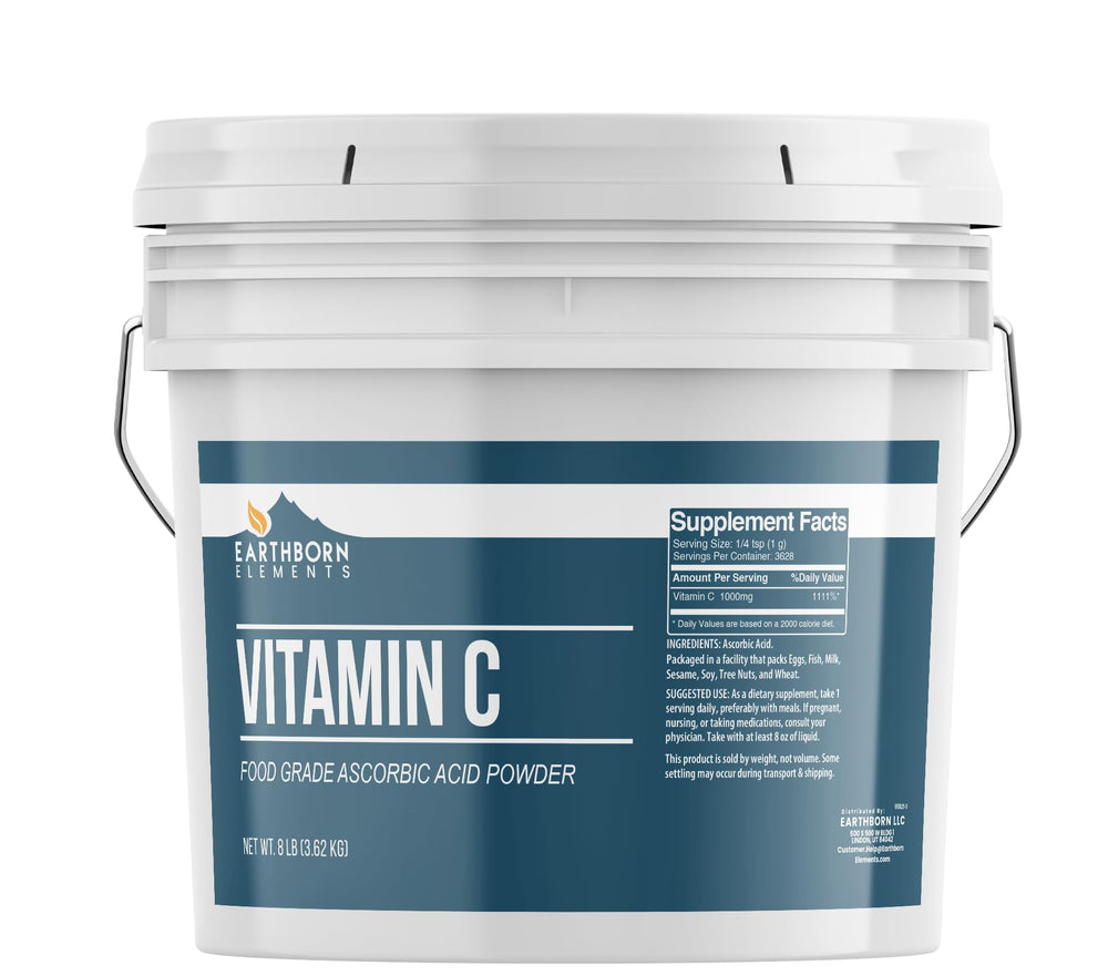 Earthborn Elements Vitamin C powder in a resealable bucket for fresh storage and bulk use.