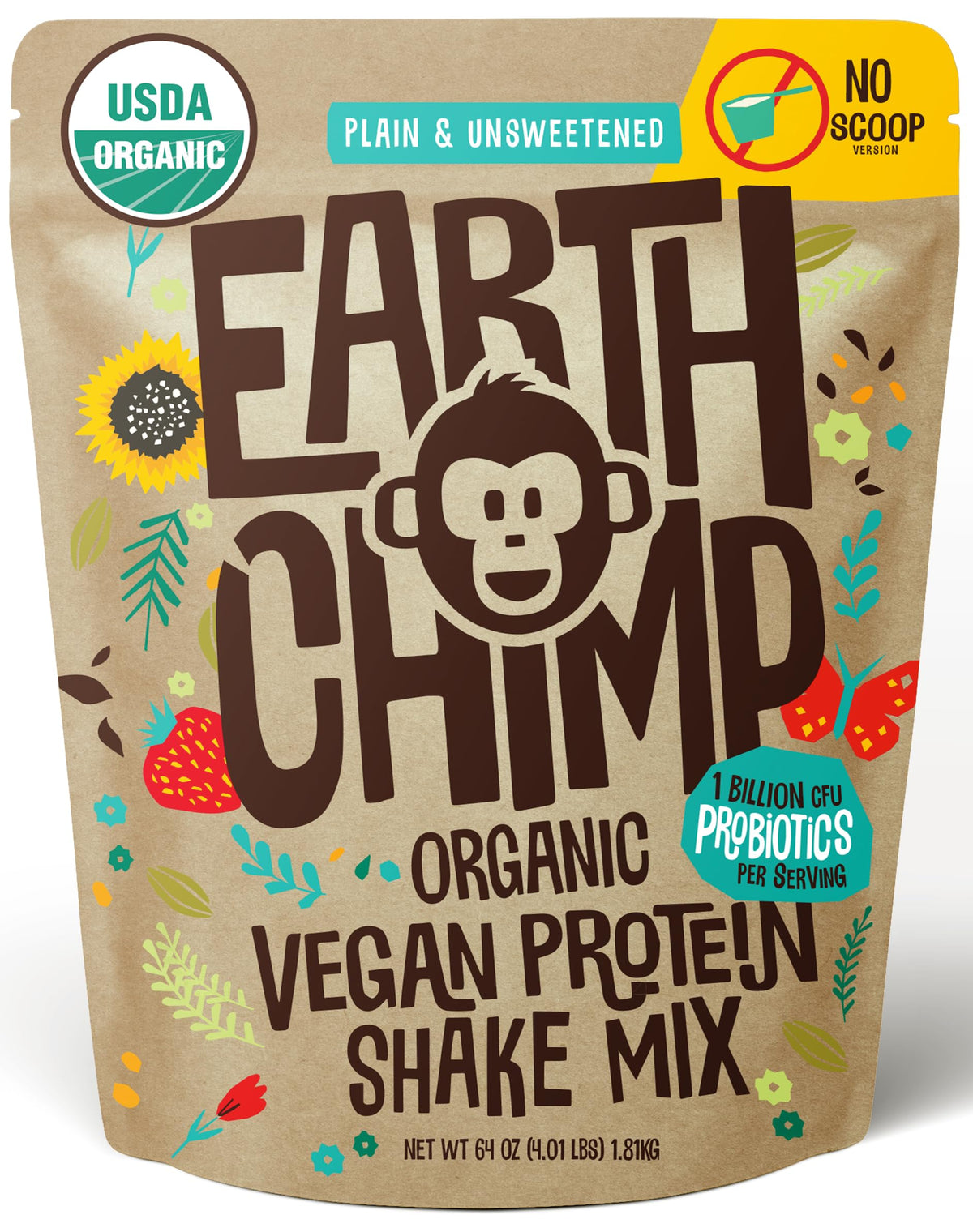 EarthChimp bottle front label highlighting organic vegan protein