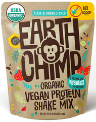 EarthChimp bottle front label highlighting organic vegan protein
