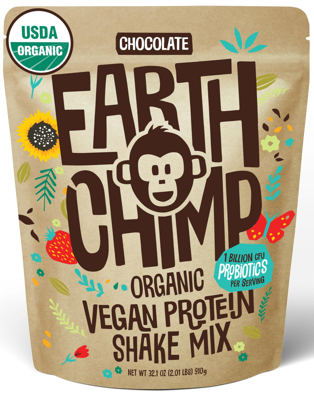 EarthChimp Organic Vegan Protein Chocolate 32oz bottle showcasing a clean, plant-based protein source for everyday fueling.