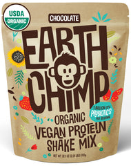 EarthChimp Organic Vegan Protein Chocolate 32oz bottle showcasing a clean, plant-based protein source for everyday fueling.