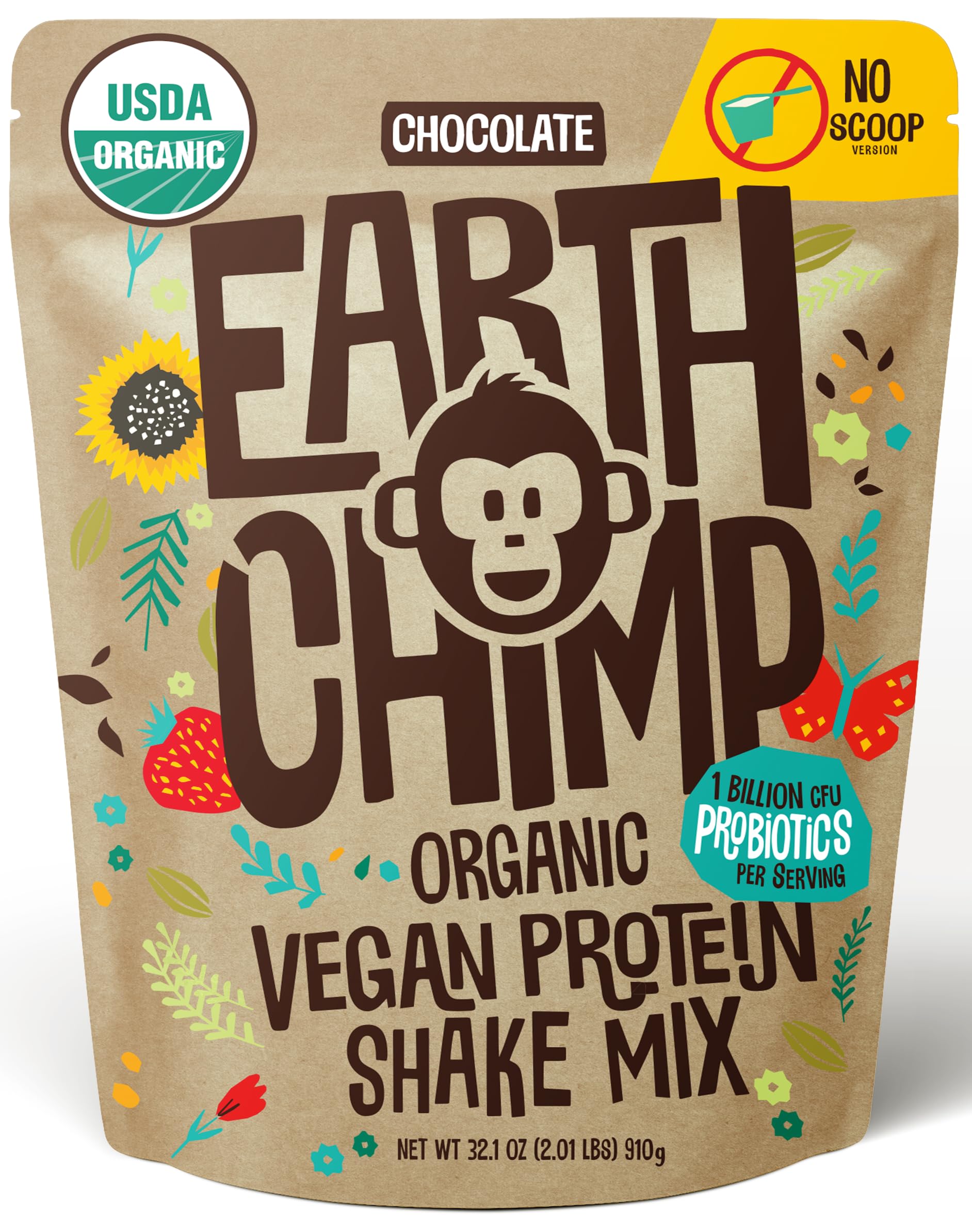 EarthChimp Organic Vegan Protein Probiotics chocolate bottle – convenient daily protein source.