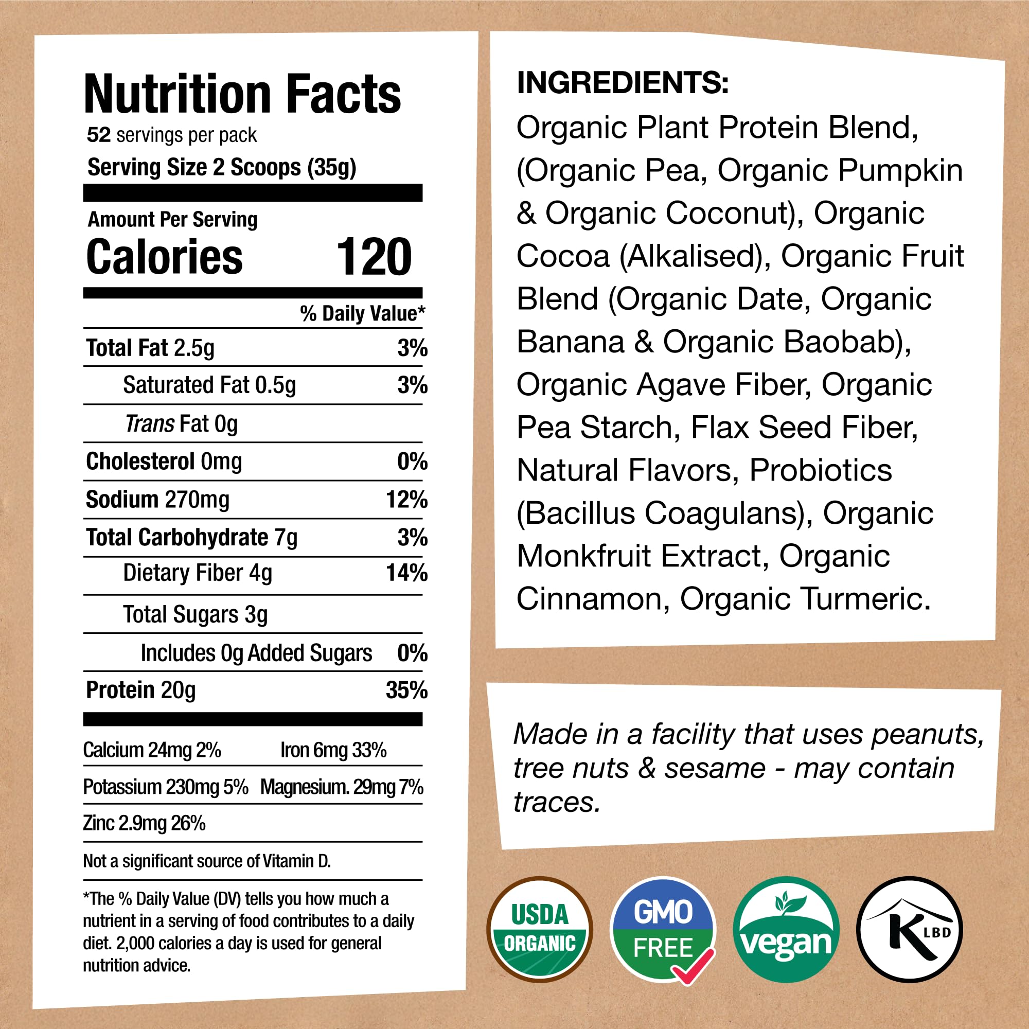EarthChimp Organic Vegan Protein Probiotics tub shows 64 oz jar for easy smoothies.