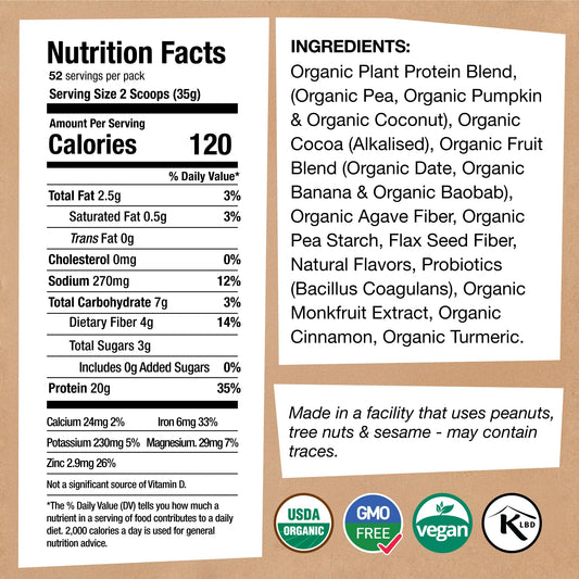 EarthChimp Organic Vegan Protein Probiotics tub shows 64 oz jar for easy smoothies.