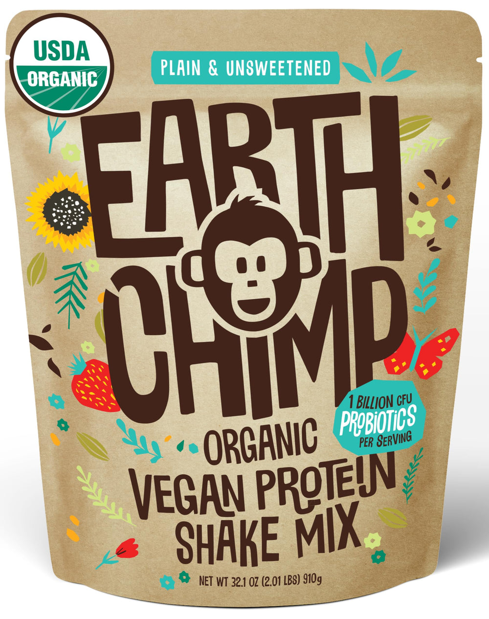 EarthChimp plain unsweetened protein powder jar, ideal for customizable smoothies.