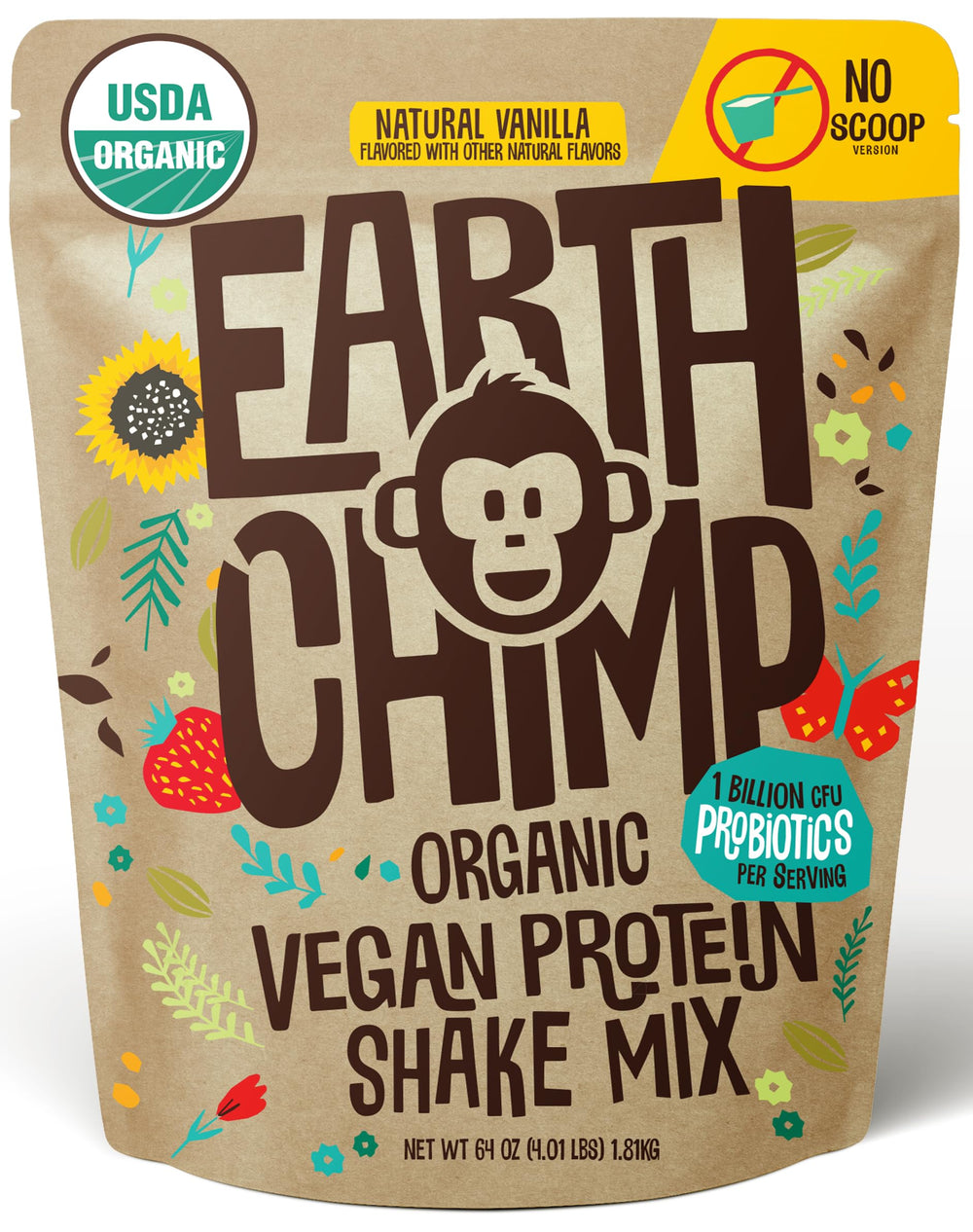 EarthChimp vanilla organic protein powder in a bag for quick plant-based nutrition