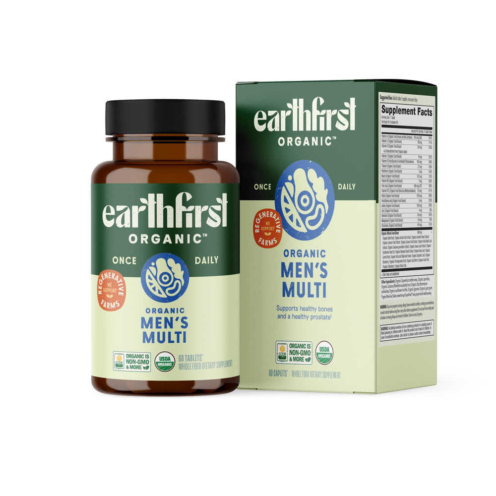 EarthFirst Organic Men’s Multi bottle close for daily energy support.