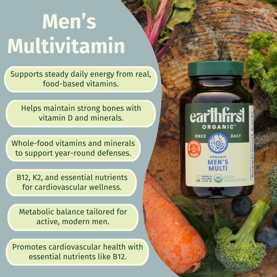 EarthFirst Organic Men’s Multi label info highlights organic and vegan credentials.