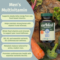 EarthFirst Organic Men’s Multi label info highlights organic and vegan credentials.