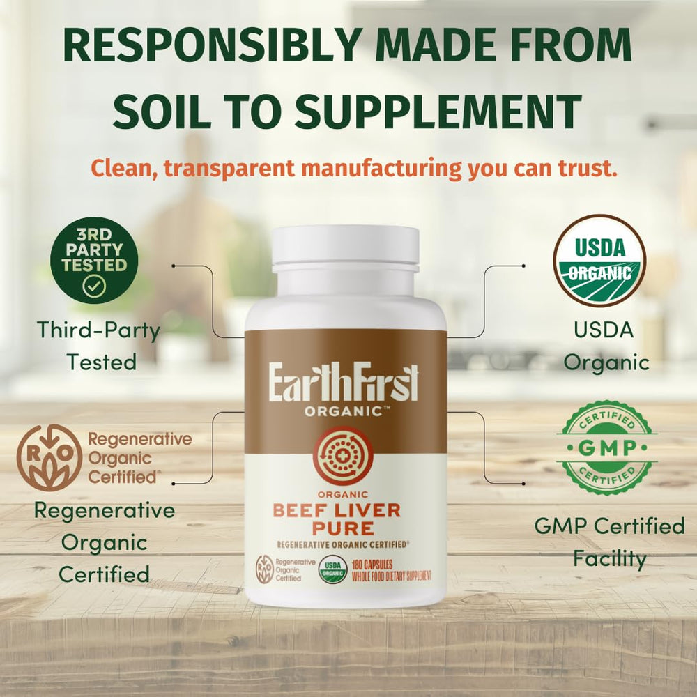 EarthFirst Organic Beef Liver Pure with AB22 probiotic highlights gut-friendly digestion support