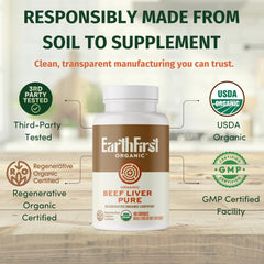 EarthFirst Organic Beef Liver Pure with AB22 probiotic highlights gut-friendly digestion support