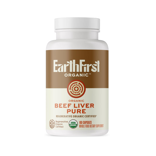 EarthFirst Organic Beef Liver Pure bottle with regenerative organic nutrition for daily energy support