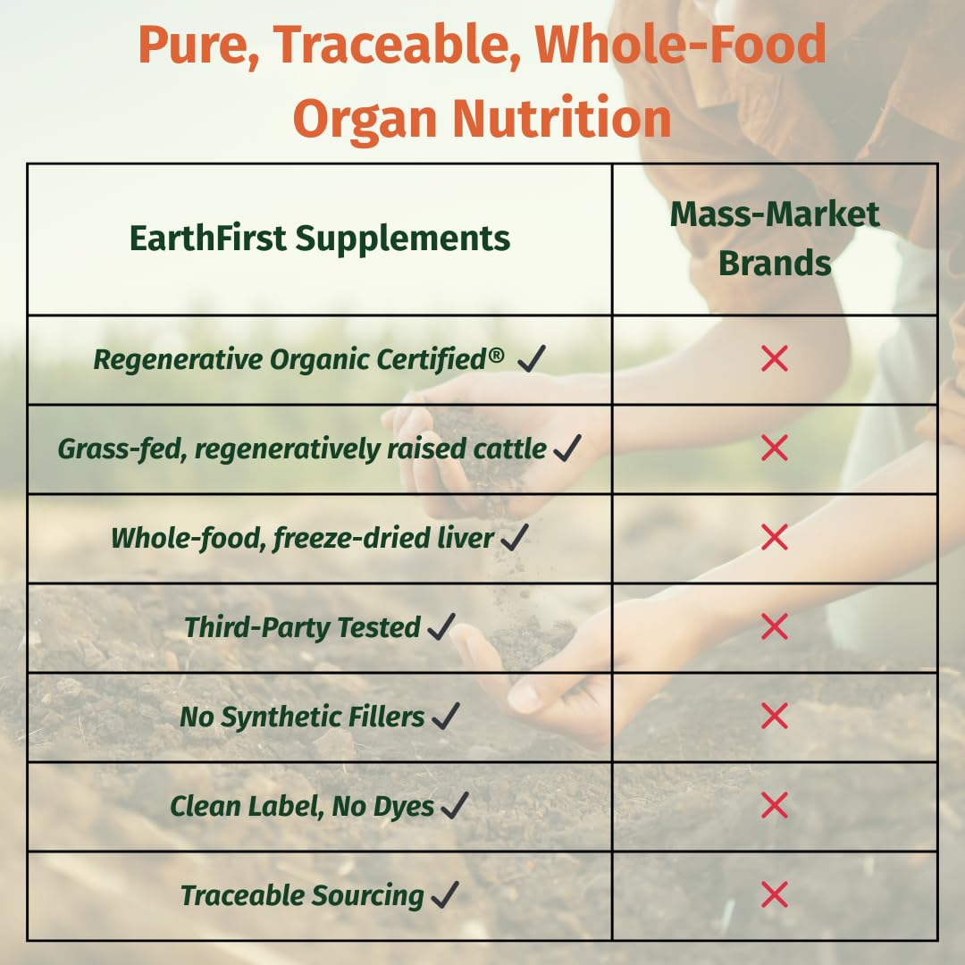 EarthFirst Organic Beef Liver Pure nutrition panel shows 3 g of liver per serving for nutrient density