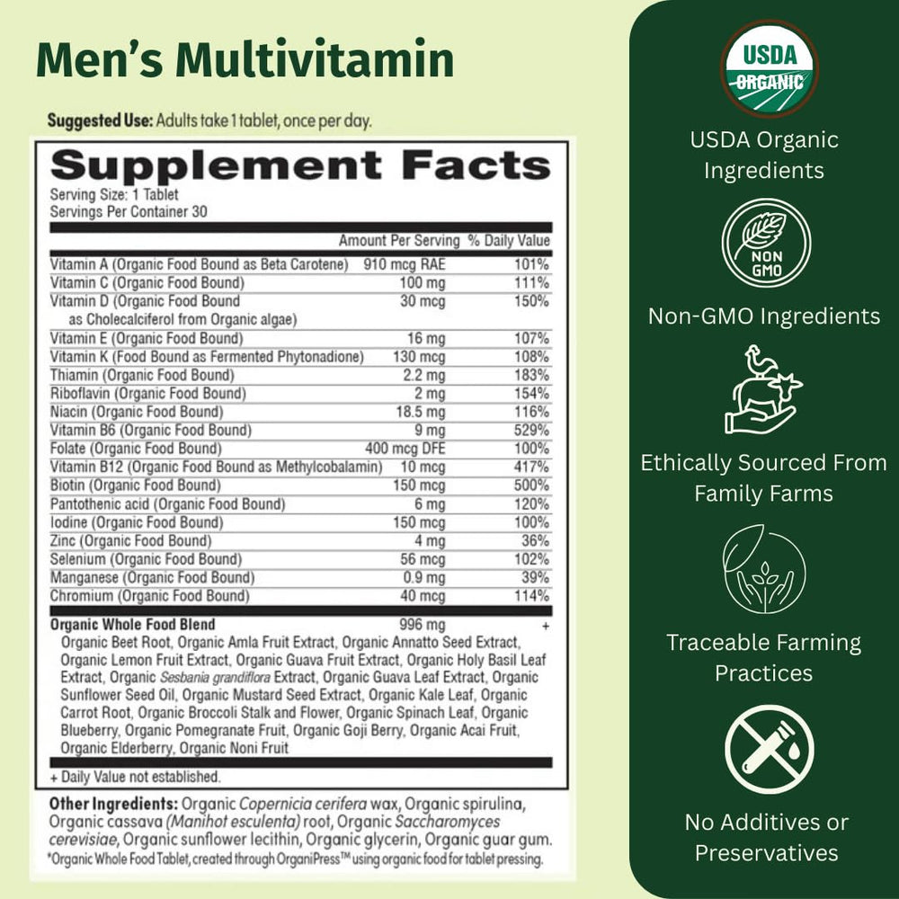 EarthFirst Organic Men's Multi bottle label close-up highlighting vegan, organic multivitamin benefits