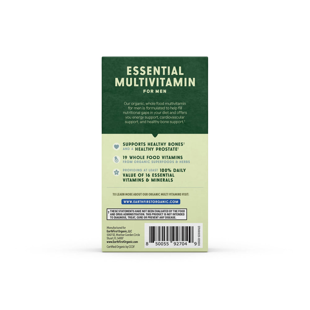 EarthFirst Organic Men's Multi bottle stored in pantry, signaling long shelf life