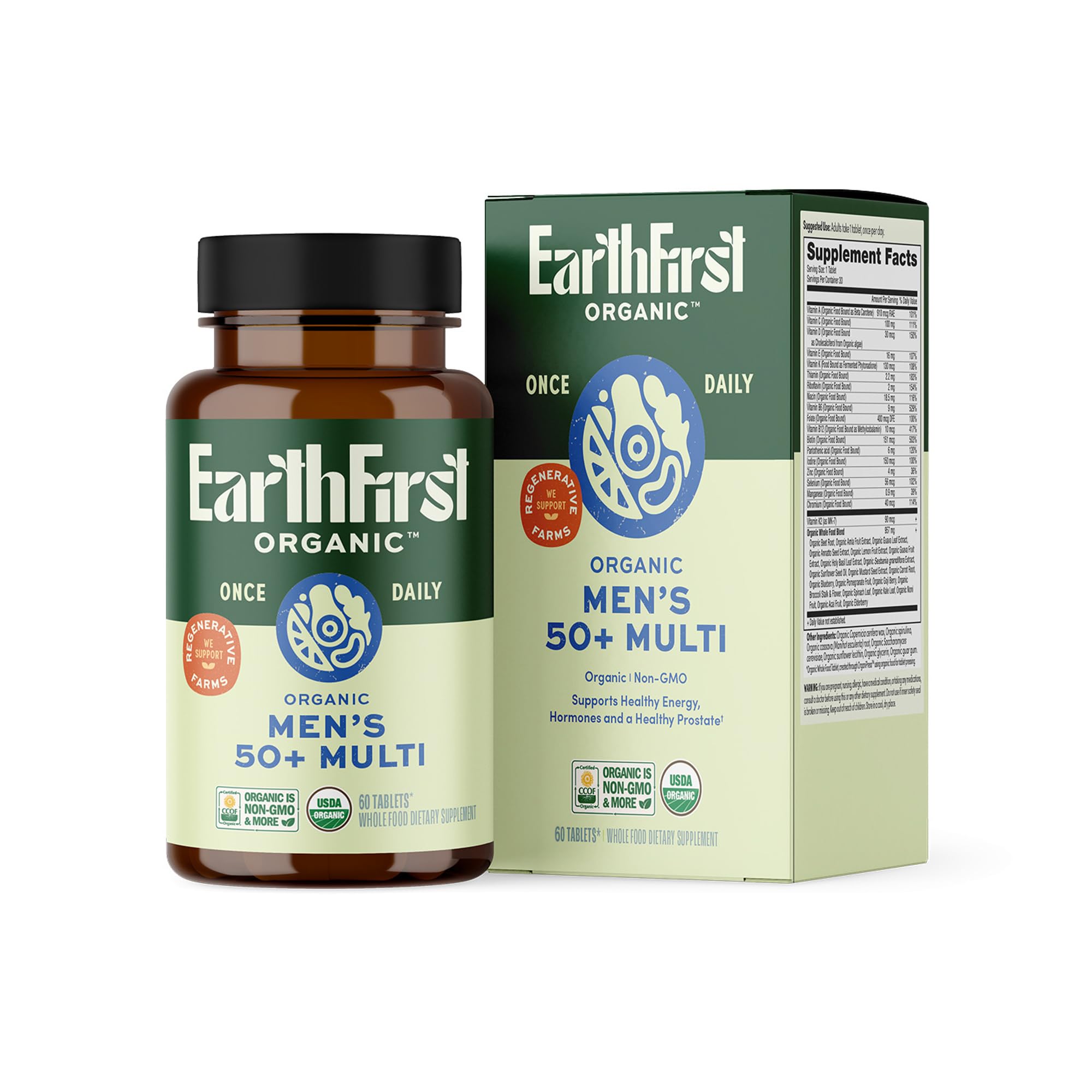 EarthFirst Organic Once Daily Multivitamin bottle with label; supports daily energy.