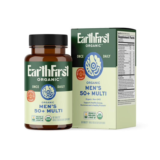 EarthFirst Organic Once Daily Multivitamin bottle with label; supports daily energy.