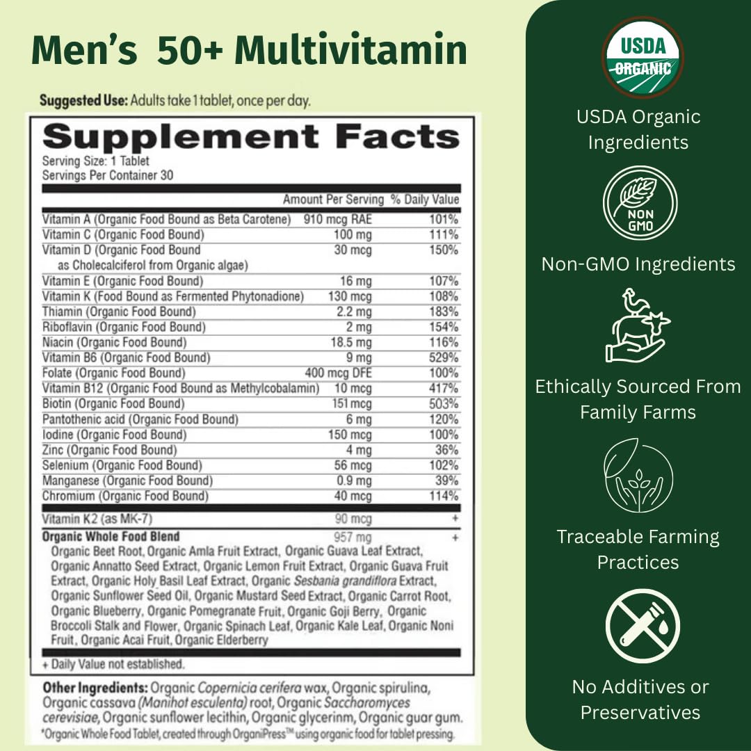 EarthFirst Organic Once Daily Multivitamin tablets on a clean surface; may support prostate health.