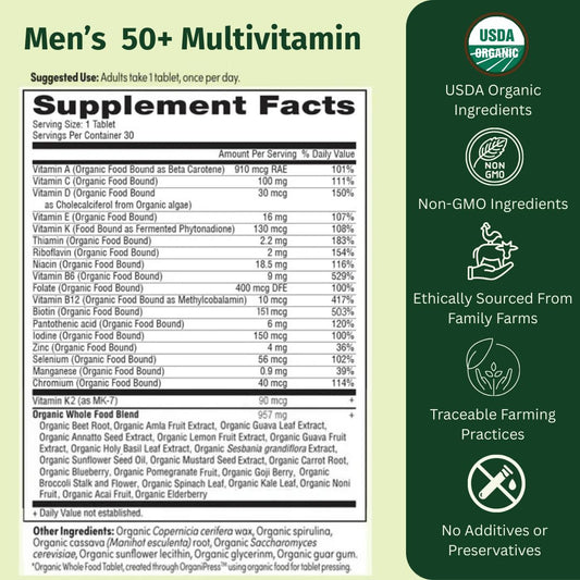 EarthFirst Organic Once Daily Multivitamin tablets on a clean surface; may support prostate health.