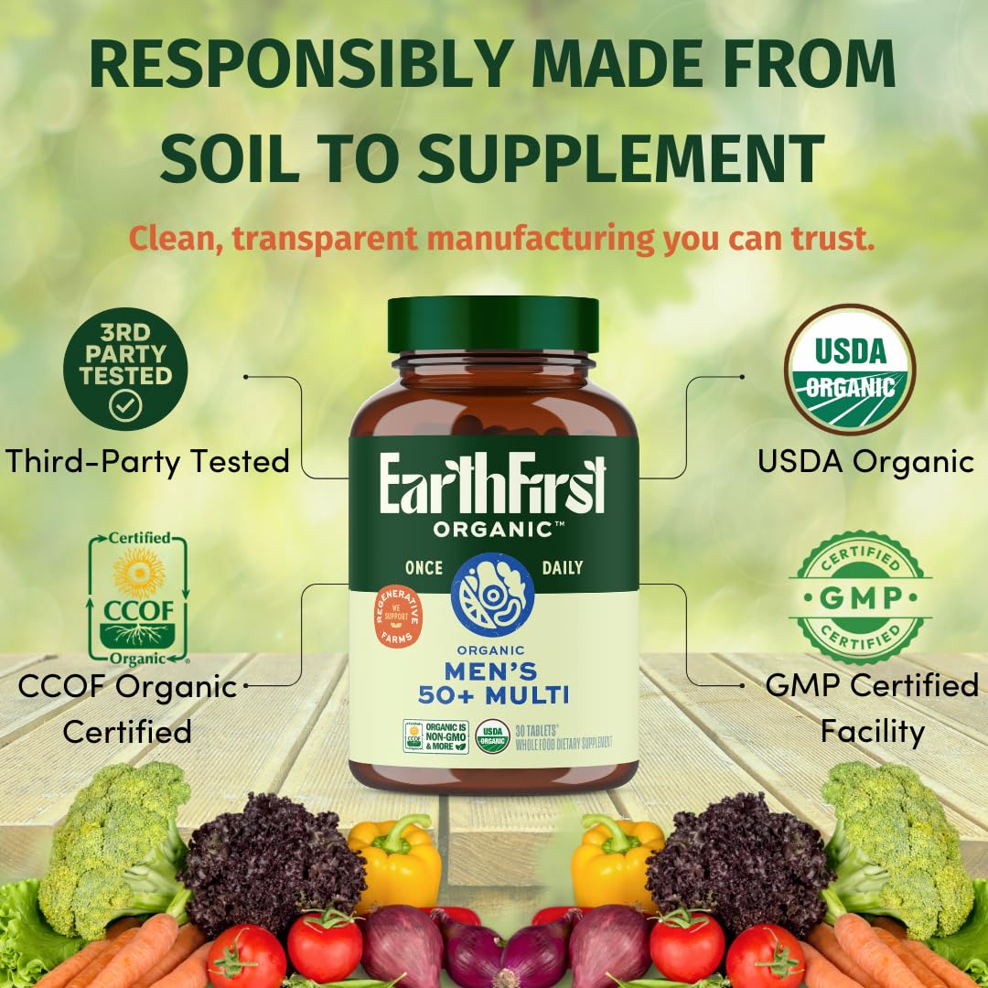 EarthFirst Organic packaging box beside bottle; showcases third-party certifications.