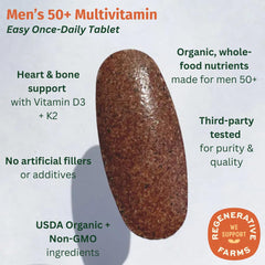 EarthFirst Organic multivitamin bottle cap and tablet close-up; aims to support bone strength.