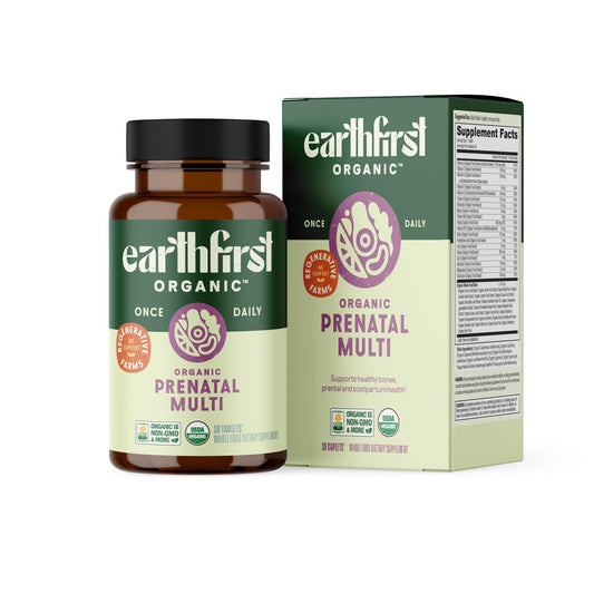 EarthFirst Organic Prenatal bottle front showing vegan, organic multivitamin for conception and pregnancy support