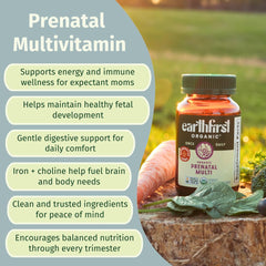 EarthFirst Organic Prenatal bottle label communicates organic and vegan certification for transparency